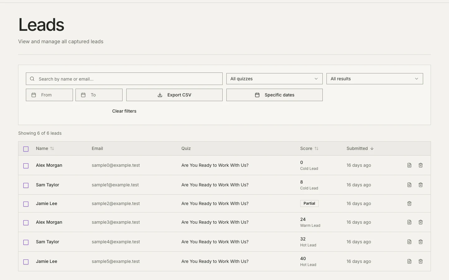 Convertly lead management with search, result filters, scores and CSV export; example workspace data.
