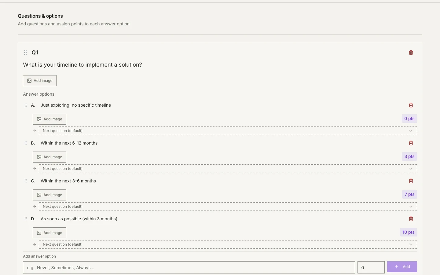 Convertly quiz builder showing questions, answer points and result ranges.